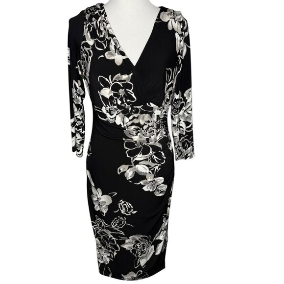 Lauren Ralph Lauren Black White Floral Ruched Dress Size 10 Surplice NeckLine - Picture 1 of 16